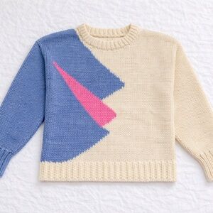 Handmade Color Block Chunky Knit Sweater Cream Blue Pink Size Medium